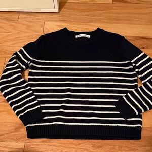 Zara Dark Navy and White Striped Crewneck Sweater Size S NWOT